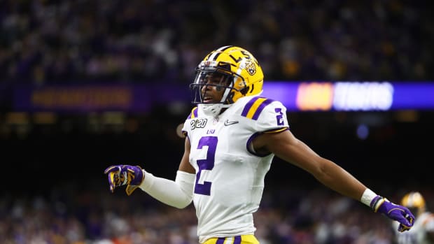 Jan 13, 2020; New Orleans, Louisiana, USA; LSU Tigers wide receiver Justin Jefferson (2) against the Clemson Tigers in the College Football Playoff national championship game at Mercedes-Benz Superdome.